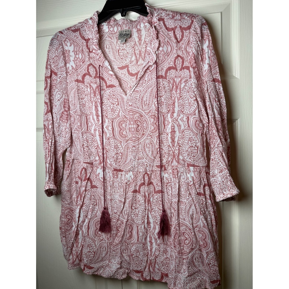 Como Vintage Petite Red Paisley Peasant Blouse Tassel Tie Babydoll Top PL
